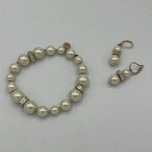 Anne Klein Pearl, Rhinestone & Gold Earring & Bracelet Set